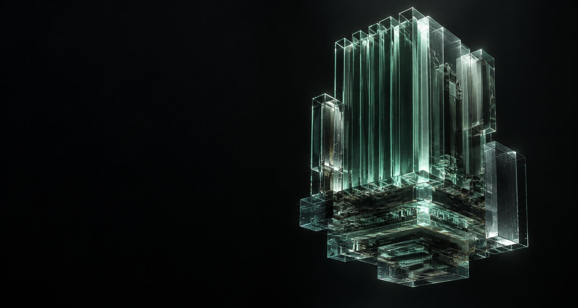 Bóveda criptográfica de cristal con capas de protección iluminadas en verde menta